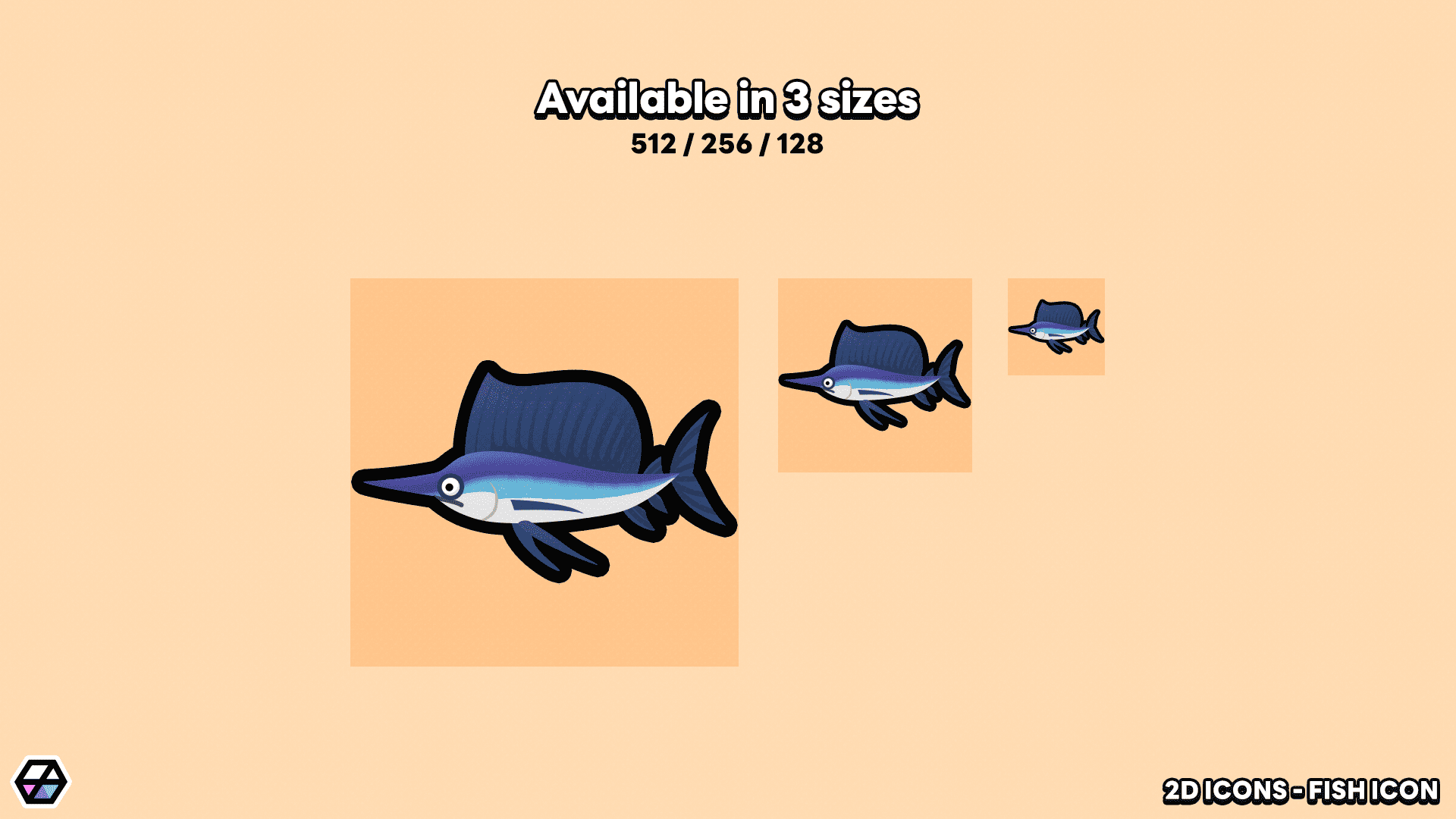 Layerlab Shop 2D fish icon, simple and colorful digital icon representing a fish, suitable for app or website design.