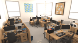 3D office interior props from LAYERLAB Shop showing modern desks, chairs, and office decor in a realistic 3D rendering.