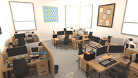 3D office interior props from LAYERLAB Shop showing modern desks, chairs, and office decor in a realistic 3D rendering.