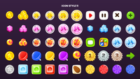 Set of 2D icons from LAYERLAB Shop, featuring various colorful digital symbols and illustrations on a transparent background.