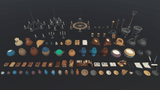 3D medieval props from LAYERLAB Shop, detailed castle, sword, shield, and medieval accessories in a realistic 3D render.