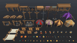 3D medieval props from LAYERLAB Shop, including swords, shields, and armor pieces in detailed 3D design