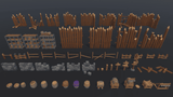 3D medieval props pack featuring castle, swords, shields, and armor elements, suitable for digital design and 3D modeling projects.