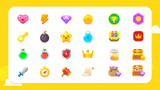 Yellow Kid interface icons from LAYERLAB Shop, colorful graphic design elements on a digital interface.