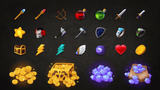 LAYERLAB Shop GUI interface with 16 matte metal style icons displayed on a digital screen.