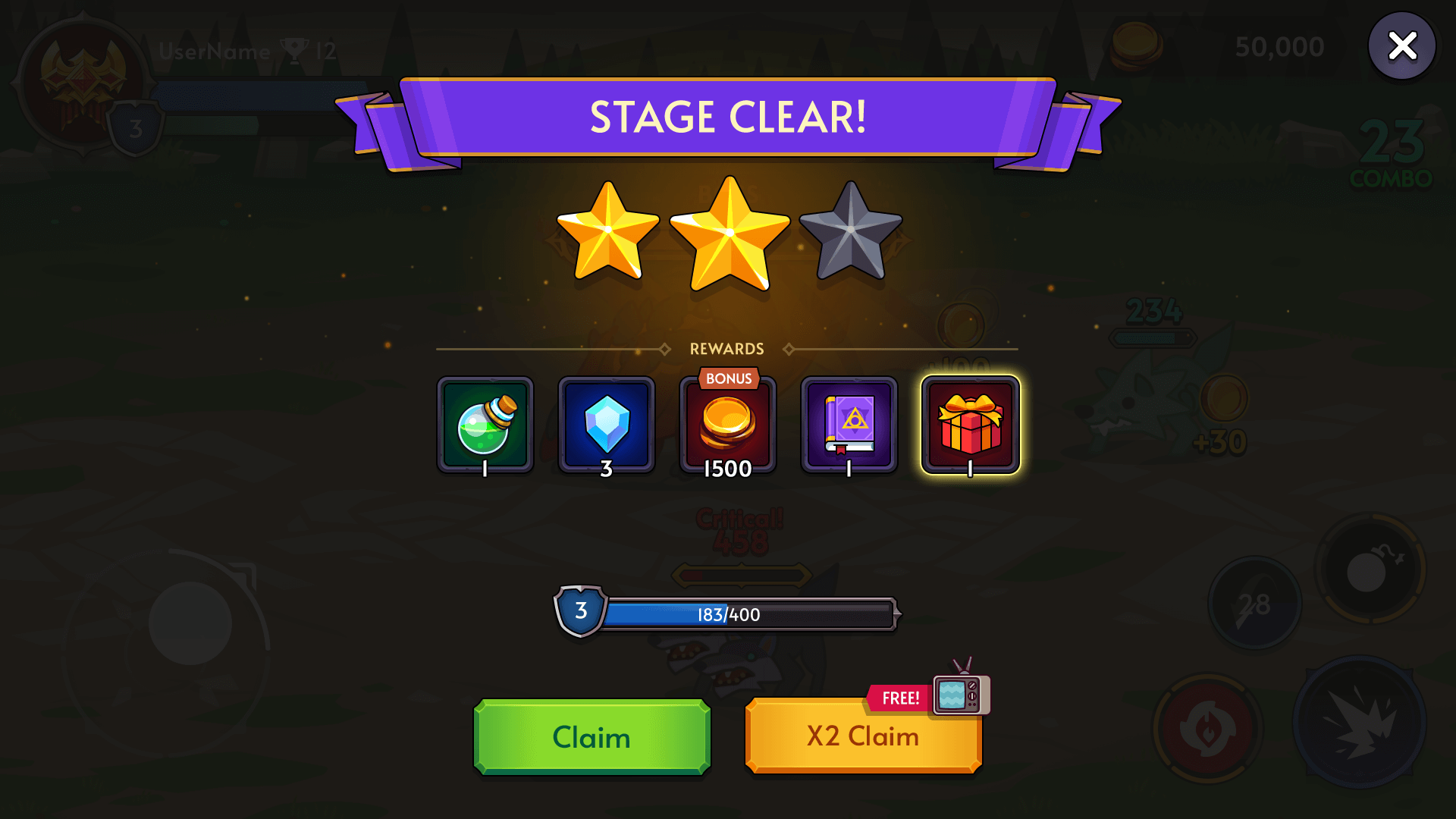 Fantasy RPG mobile game stage clear result UI showing 3-star rating, reward icons, bonus coins, and claim buttons, Layerlab, store.layerlab