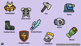 2D Minimal hero equipment icons by LAYERLAB Shop, featuring sleek, modern designs of various game character gear in vibrant colors.
