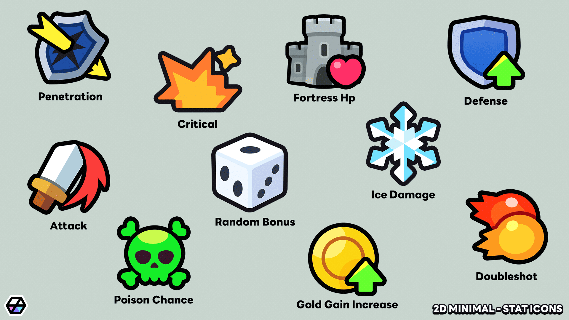 LayerLab Shop 2D Minimal Stat Icons set featuring simple, sleek icons for game stats and user interface design.