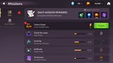 Fantasy RPG mobile game mission and achievement screen UI showing daily mission rewards, progress bars, and claim buttons, Layerlab, store.layerlab
