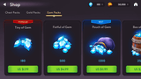 Fantasy RPG mobile game shop UI showing gem packs with crystal piles, prices in USD, and purchase buttons, Layerlab, store.layerlab