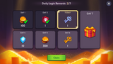 Fantasy RPG mobile game 7-day login rewards screen UI showing gold coins, gems, keys, and gift box for weekly rewards, Layerlab, store.layerlab