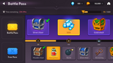 Fantasy RPG mobile game battle pass screen UI showing free and premium rewards like chests, gems, keys, and potions, Layerlab, store.layerlab
