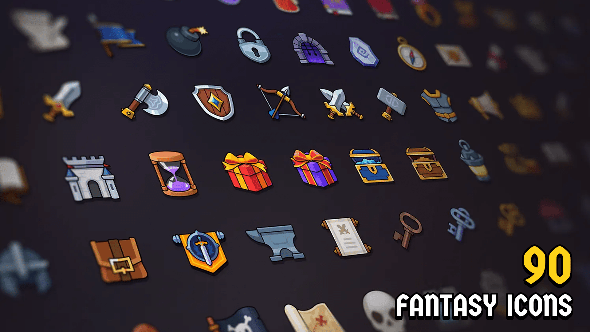 LAYERLAB 2D Icons Fantasy Icon Pack preview showing the full fantasy game UI icon set