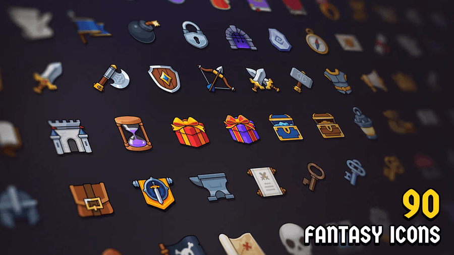 LAYERLAB 2D Icons Fantasy Icon Pack preview showing the full fantasy game UI icon set