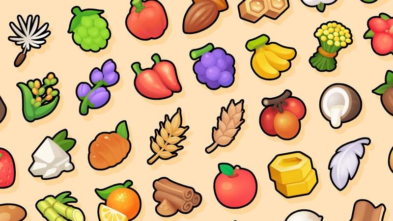 Set of 2D farming and crafting icons by LAYERLAB Shop, featuring detailed illustrations of farming tools and crafting symbols.