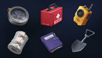 Collection of 2D survival icons from LAYERLAB Shop, featuring tools, gear, and outdoor symbols in a colorful icon pack.