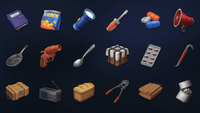 Set of 2D survival-themed icons from LAYERLAB Shop, featuring various tools, equipment, and symbols in a colorful design.