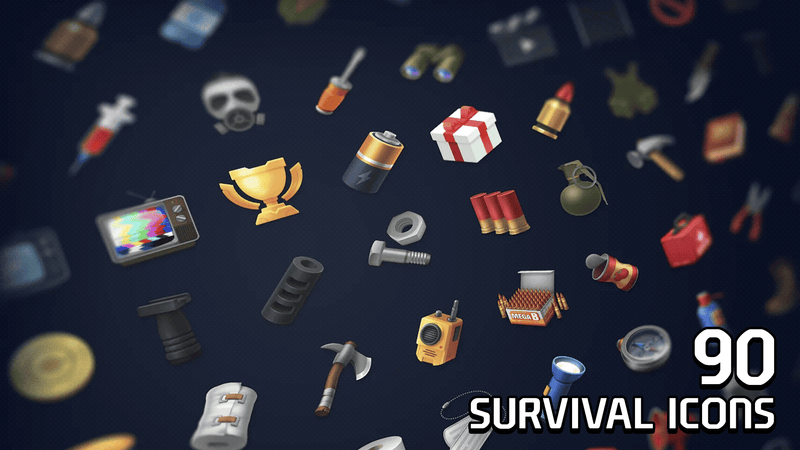 Set of 2D survival icons from LAYERLAB Shop featuring various nature and outdoor-themed symbols for digital design projects.