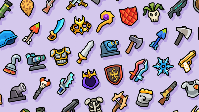 Set of 2D minimal hero equipment icons by LAYERLAB Shop, featuring sleek, monochrome designs for game UI or digital projects.