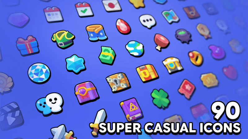 Collection of 2D super casual icons by LAYERLAB Shop featuring colorful, playful designs for digital projects.
