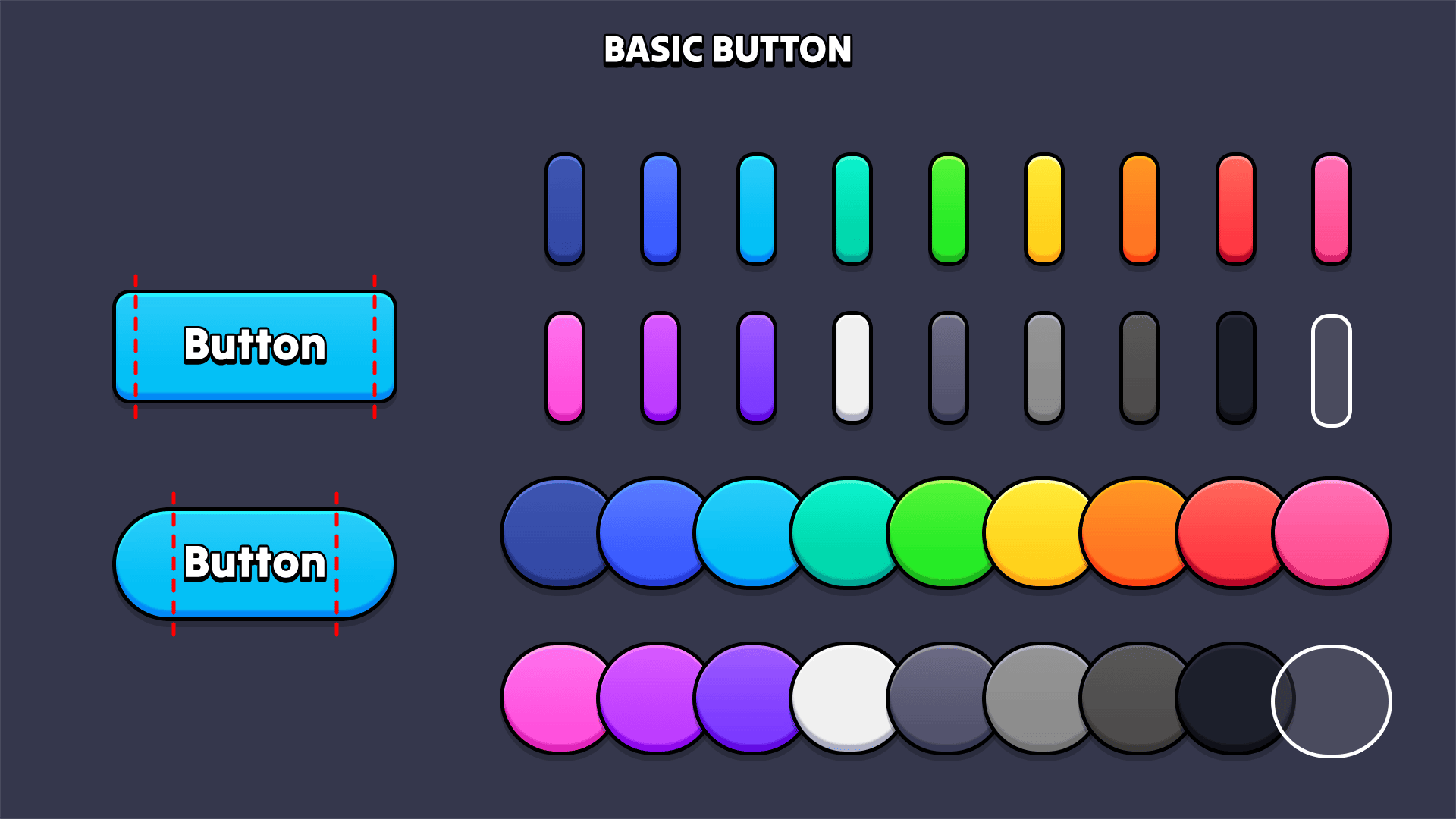 Free UI button asset layout showing two button shapes and multiple color variations