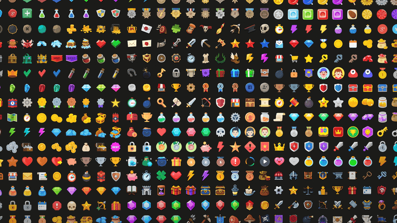 Collection of colorful 2D icons from LAYERLAB Shop, featuring various symbols and designs in a total pack format.