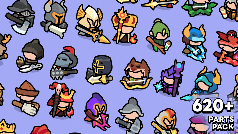 Fantasy hero character variations made from interchangeable armor and weapons