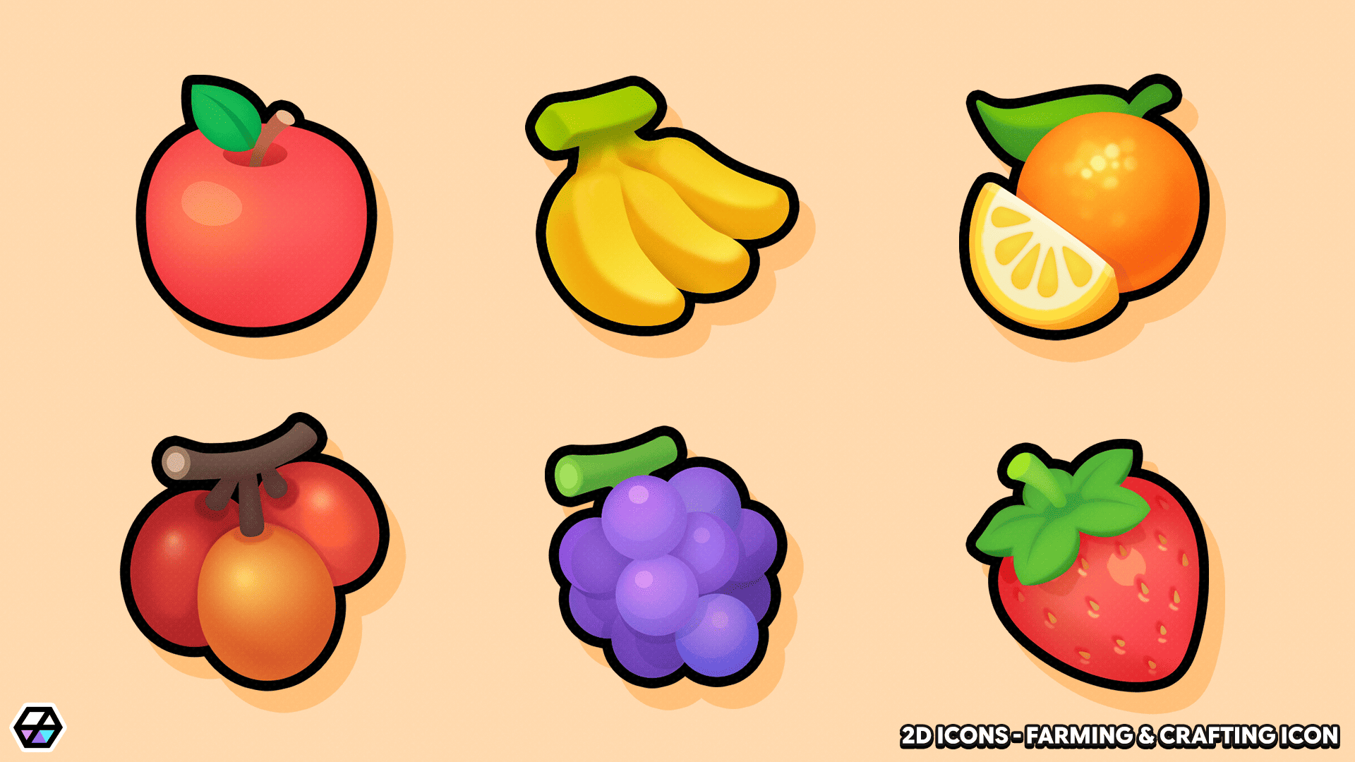 LayerLab Shop 2D farming and crafting icons set featuring detailed symbols for farming tools and crafting materials.
