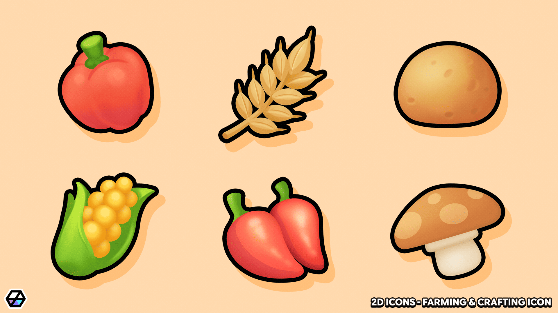 2D farming and crafting icons by LAYERLAB Shop, featuring detailed illustrations of farming tools and crafting symbols.