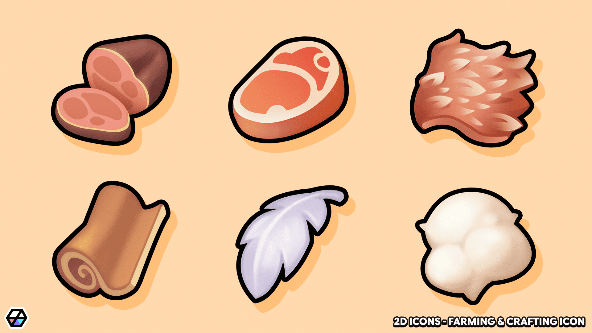 2D farming and crafting icons by LAYERLAB Shop, featuring detailed visuals of agricultural and crafting tools and symbols.
