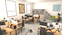 3D office interior prop from LAYERLAB Shop showing modern desk, chair, and bookshelf in a professional workspace setting.