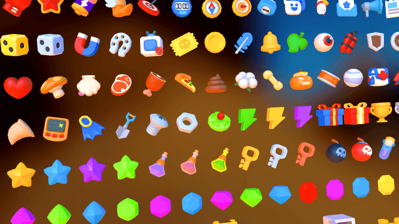 3D game icons set by LAYERLAB Shop featuring colorful, stylized icons for gaming and digital applications.