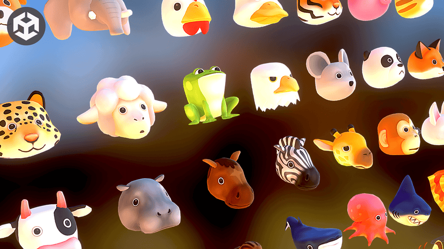 3D cartoon animal character head collection including dog, elephant, chicken, duck, tiger, pig, frog, panda, mouse, whale, cow, and more on dark background, Layerlab, store.layerlab