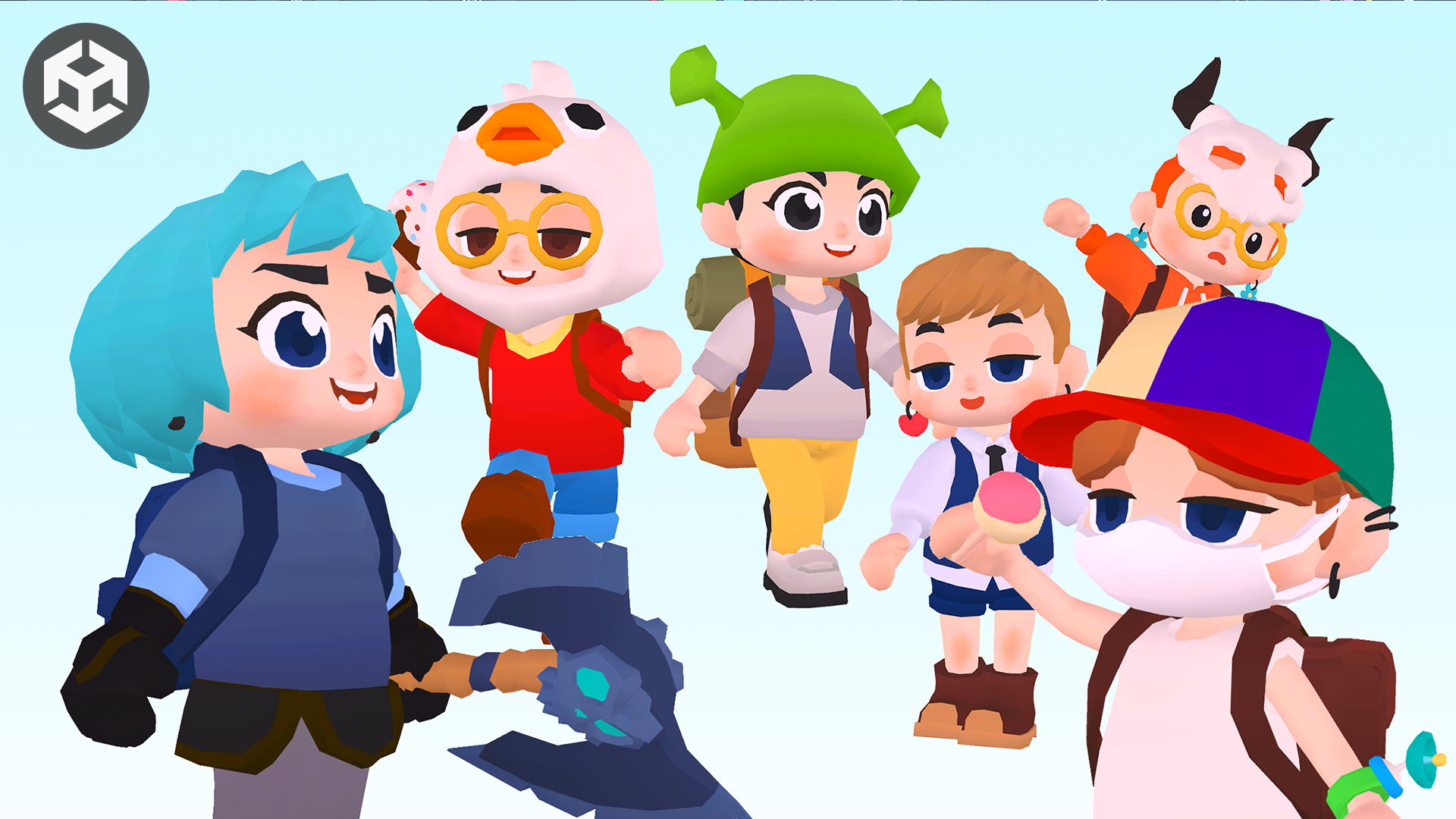 Group of 3D stylized kid characters in various outfits, including chicken hat, green beanie, and colorful accessories, cute cartoon game characters, Layerlab, store.layerlab