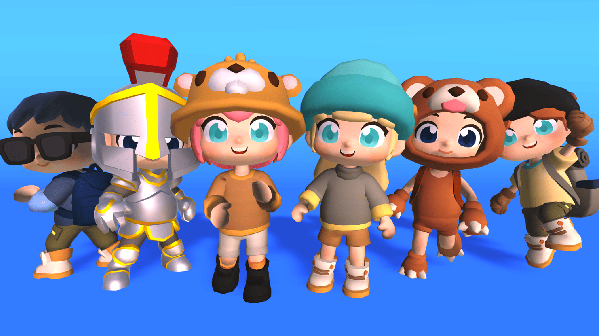 Group of 3D cartoon kid characters in various costumes including knight, animal hoodie, beanie, and explorer outfit, Layerlab, store.layerlab