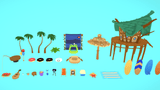3D casual beach props by LAYERLAB Shop, featuring realistic sand, seashells, and beach accessories for creative scenes.