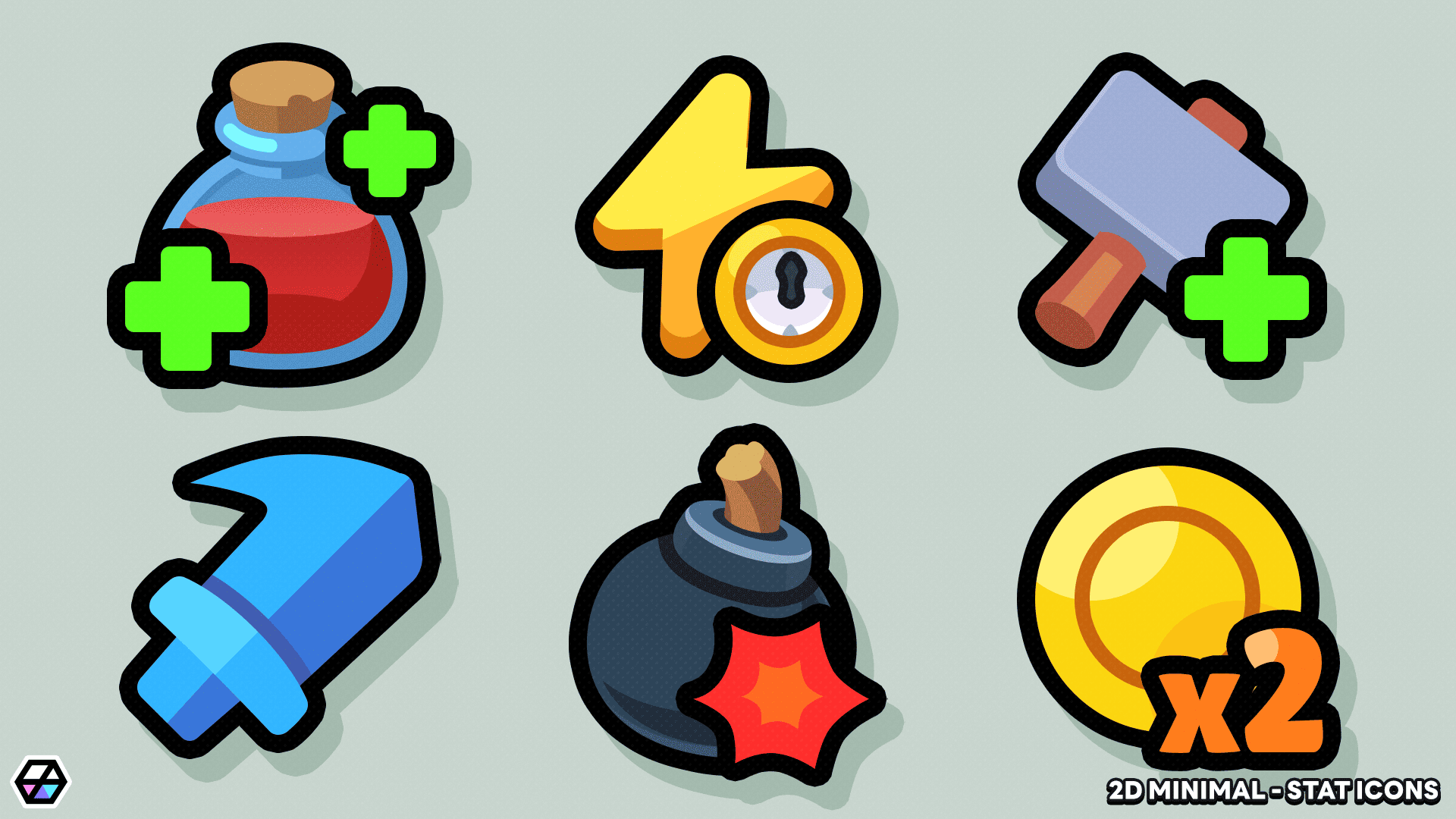 LayerLab Shop 2D Minimal Stat Icons set showing various simple, clean icons for game or app stats in black and white.