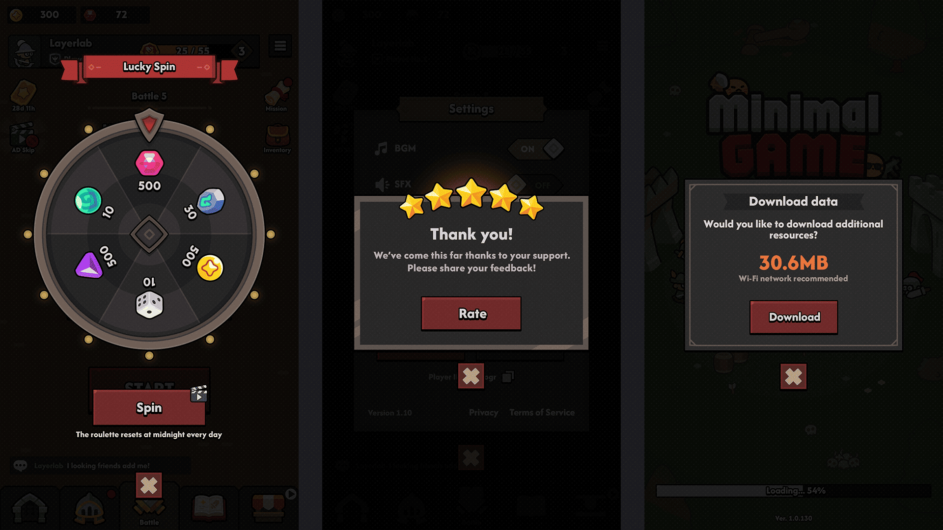 Minimal dark game interface by LAYERLAB Shop, featuring sleek, dark-themed design elements and user interface components.