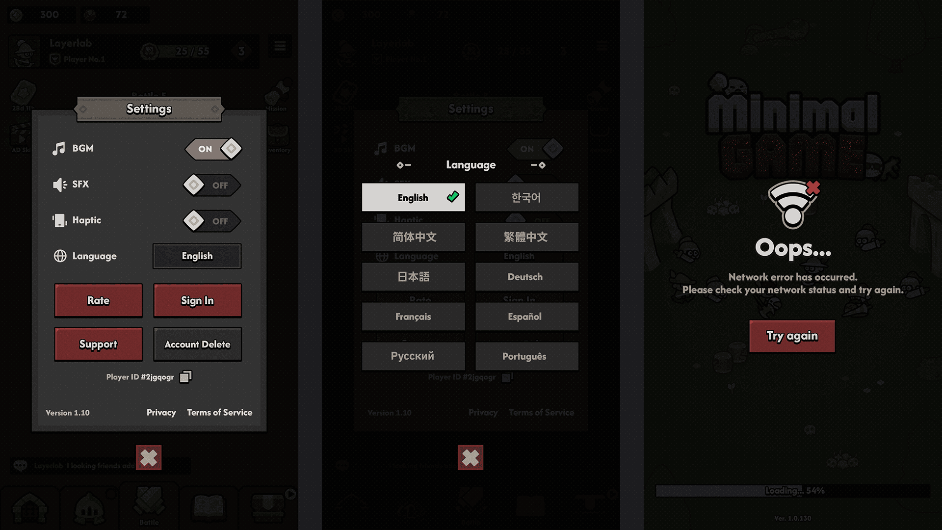 Dark-themed minimal game interface by LAYERLAB Shop, featuring sleek, modern design elements for the GUI Pro - Minimal Game Dark.