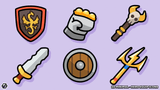 2D minimal hero equipment icons set by LAYERLAB Shop, featuring sleek, simple illustrations of various hero gear and accessories.