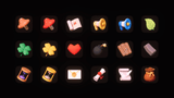 3D game icons set by LAYERLAB Shop featuring colorful, stylized symbols on a dark background for gaming and app interfaces.