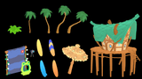 3D casual beach props including sand, umbrellas, and lounge chairs from LAYERLAB Shop, perfect for beach scenes and summer displays.
