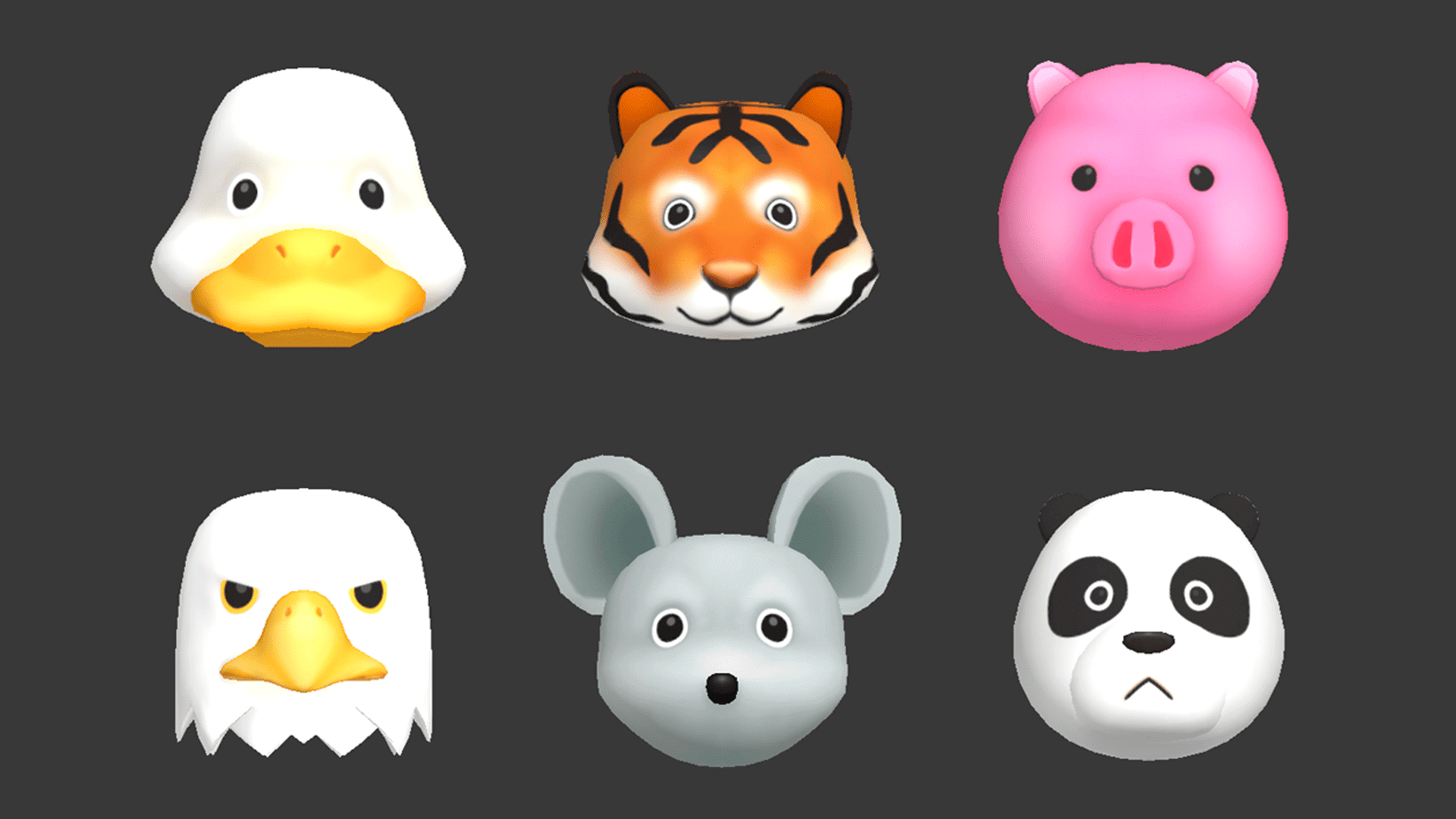 Close-up 3D animal heads featuring duck, tiger, pig, eagle, mouse, and panda in stylized cartoon form, Layerlab, store.layerlab