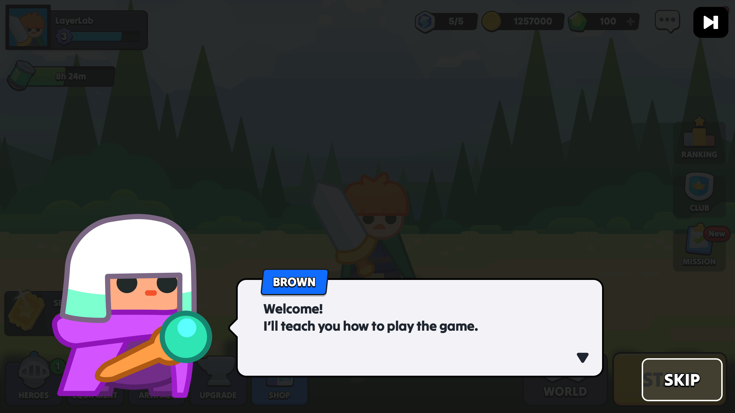 Cartoon 2D game tutorial popup UI showing character dialogue and message box saying “Welcome! I’ll teach you how to play the game.”, stylized fantasy RPG interface, Layerlab, store.layerlab