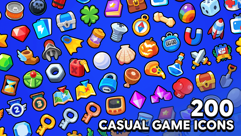 Set of 2D casual game icons from LAYERLAB Shop featuring colorful, modern graphics for mobile and digital game design.