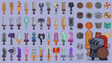 Layer Store 2D icons of casual weapons and shield, featuring character armor and gear for game design and character customization.