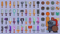 Layer Store 2D icons of casual weapons and shield, featuring character armor and gear for game design and character customization.