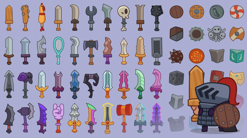 Layer Store 2D icons of casual weapons and shield, featuring character armor and gear for game design and character customization.