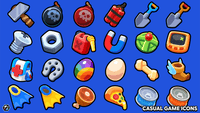 Set of casual game icons featuring 2D cartoon-style graphics, perfect for mobile or desktop game user interfaces.