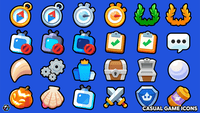 Set of 2D casual game icons by LAYERLAB Shop, featuring colorful and playful graphics for game design and UI elements.